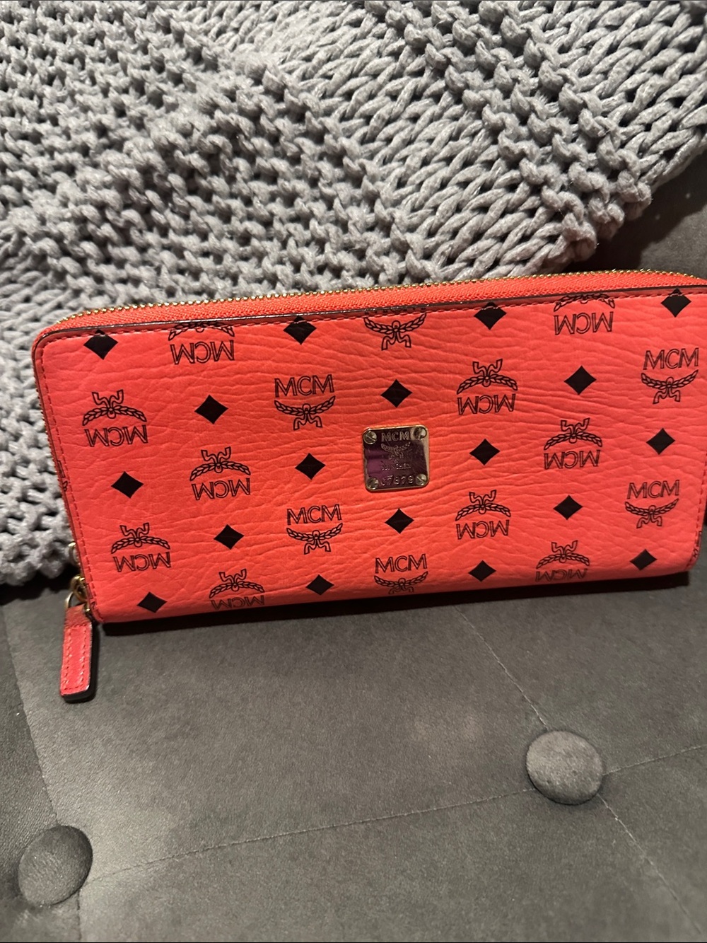 MCM Coral-Red Logo Zip Wallet with Gold Plaque
